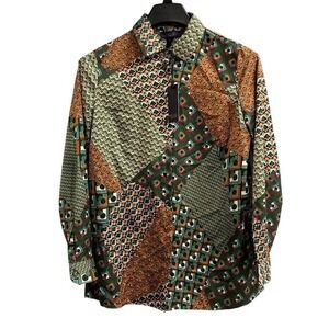 Rachel Rachel Roy Dark Patchwork Satin Blouse‎ Sleeve Button Down Size S Office